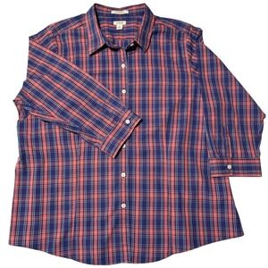 LL Bean Pinpoint Oxford Shirt Women's 1X Plaid Wrinkle Free Button Down Navy Red